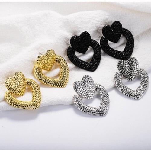 2020 vintage earrings for women statement gold color geometric heart pendant metal earring hollow embossed fashion jewelry