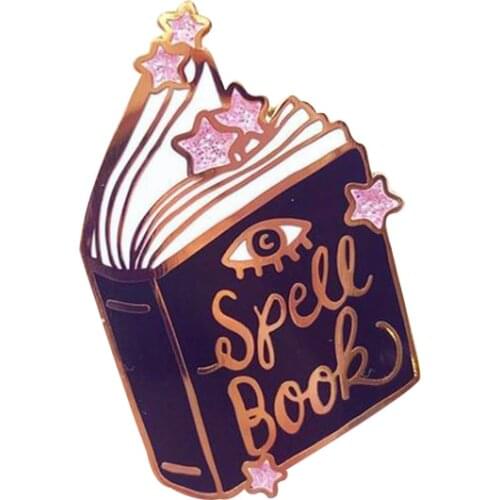 Spell book pin pink glitter stars brooch magical witchcraft badge bookworm gift witch occult jewelry