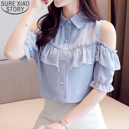 Sweet Women Sequined Ruffles Off Shoulder Tops Fashion 2021 Summer New Korean Loose Short Sleeve Chiffon Blouse Casual Tops 9614