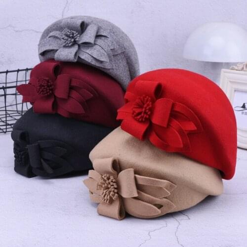 LadiesWedding Red Hat For Women Vintage 100% Wool Felt Pillbox Hats Black Fascinator Winter Fedoras Bow Beret Church Hats