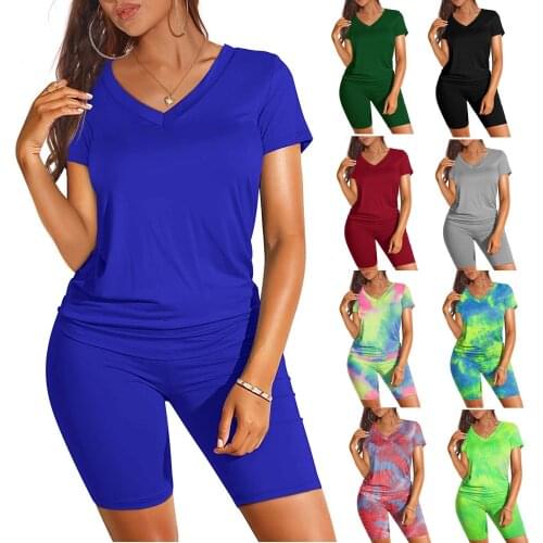 Womens Two Piece Outfits For Women Short Sleeve V Neck Biker Shorts Set Short Sleeves Shirt Summer Women Hot Chic Bodycon Tops