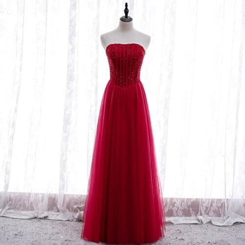 Bespoke Occasion Dresses Strapless Sleeveless Luxury Red Backless Sequined Beading Tulle Lace Women Formal Evening Gown HB251