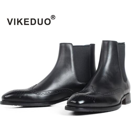 VIKEDUO Black Full Brogue Flat Ankle Boots For Men Patina Custom Made Genuine Cow Skin Mens Chelsea Boots Winter Leather Botas