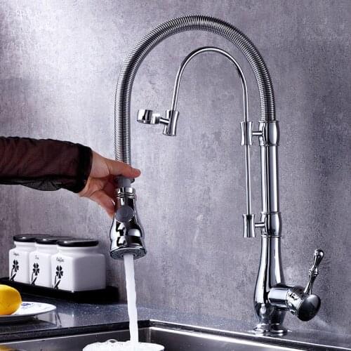 Kitchen Faucets Chrome Brush Brass Faucets for Kitchen Sink Single Lever Pull Out Spring Spout Mixers Tap Hot & Cold Water Crane