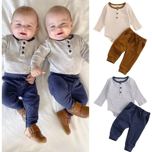 Baby Boy 2Pcs Set Casual Clothes New Autumn Newborn Crew Neck Button Long Sleeve Romper+Drawstring Pocket Pants Outfit Suit