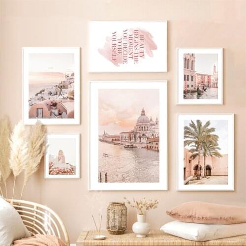 Pink Venice Lake Boat Coconut Tree Chalet Wall Art Canvas Painting Nordic Posters And Prints Wall Pictures For Living Room Decor