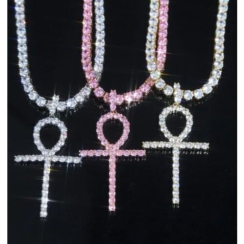 NEW Iced Out Bling Ankh Cross Religious Pendant Necklace For Women Sparking 5A CZ Cubic Zirconia 5MM Tennis Chain Choker Jewelry