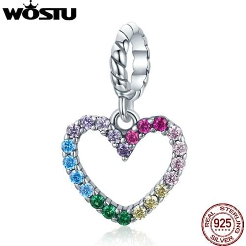 WOSTU 925 Sterling Silver Zircon Rainbow Heart Charms Pendant Fit Women Girl Bracelets Cute Fashion Jewelry Making Gift DXC1851