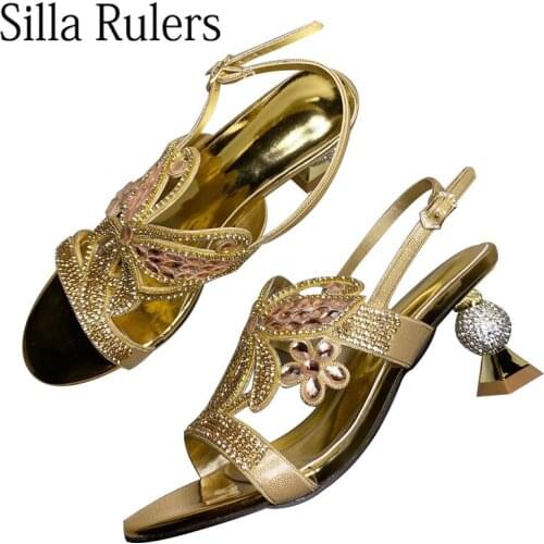 Crystal Butterfly Sandals Woman Round Toe Ball Heels Party Shoes Woman Back Strap Genuine Leather Ladies Dress Shoes 2020