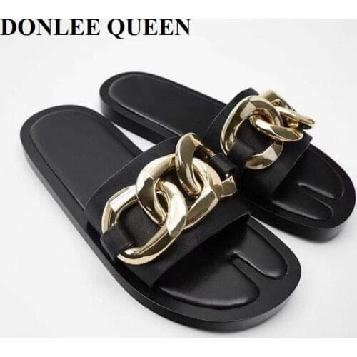 New Spring Slippers Women Fashion Metal Chain Decorated Flat Sandals Casual Shoes Outdoor Slides Big Size 35-42 Zapatillas Mujer