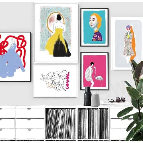 Modern Fig Lady Fashion Poster Purple Hair Woman Canvas Painting Abstract Line Flamingo Wall Art Pictures For Living Room Decor