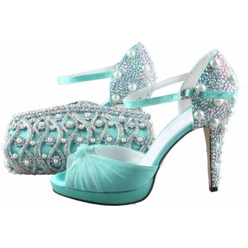 BS896 Custom Handmade Mint Green Rhinestones Shoes and Bag Matching Set Bridal Wedding Shoes Two-Piece Big Size Women Shoes