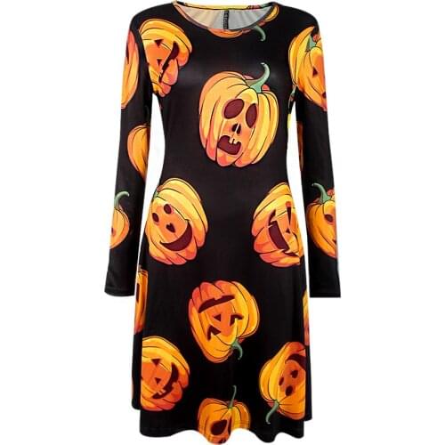 Women Halloween Theme Long Sleeve Tops 3D Pumpkin Printed Swing Mini Dress
