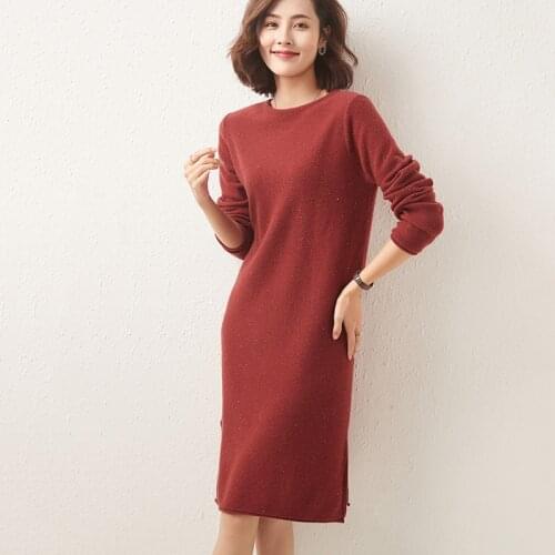 2021 Womens Winter 100% Wool Sweaters And Autumn Women Knitted Dresses High Quality O-Neck Warm Long Pullovers Female Thickening