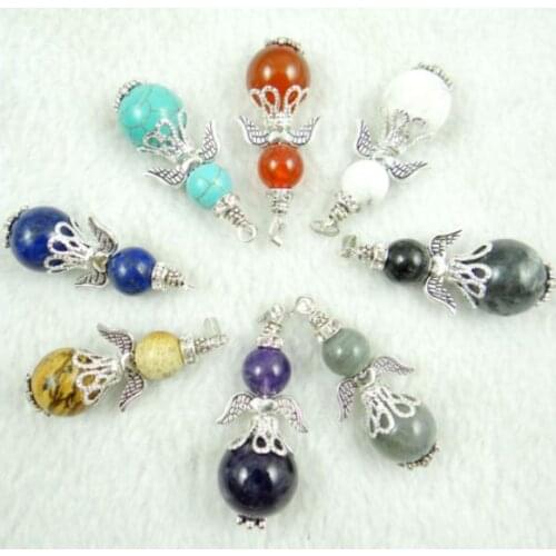 Natural Stone Quartz Crystal Turquoises tiger eye Alloy Wings pendant for diy Jewelry making necklace Accessories1pcs