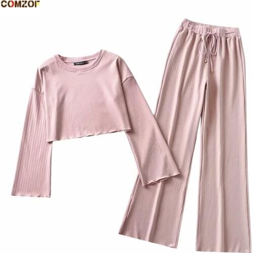 2021 Women Casual Knitting Wide Leg Pants+Long Sleeve T Shirt Short Spring Autumn 2 Piece Set Tracksuit Ensemble Femme