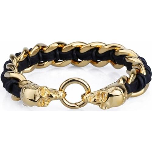 22cm*16mm 92g Fashion 316L Stainless Steel Gold Skeleton Black Leather Mens&Boys Bracelets Bangles,Free Shipping