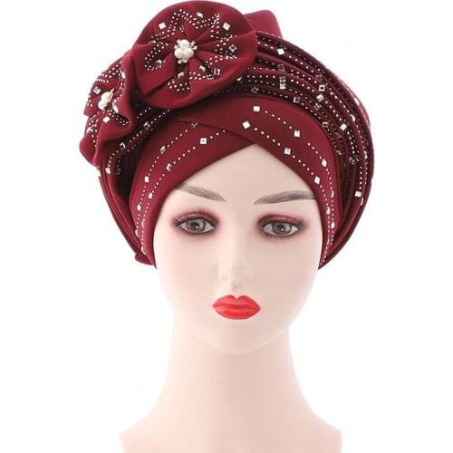 African Turbans Women Auto Gele Stacked Stick Diamond Flower 2021 Fashion New Bazin Riche Dashiki African Headtie Headwrap Hijab