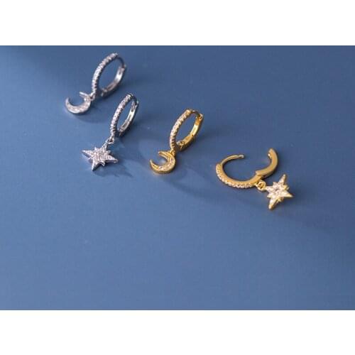 Asymmetry Earrings Authentic 100% REAL. 925 Sterling SIlver Fine Mini CZ Set AAAA+ Moon Star Ear hoop huggie Earrings C-G8666