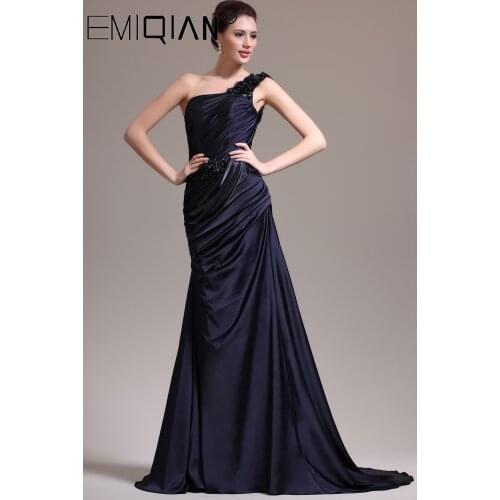 One Shoulder Satin Long Evening Party Dress Gown Maxi Dress Navy Blue Satin Draped Bodycon Floor Length