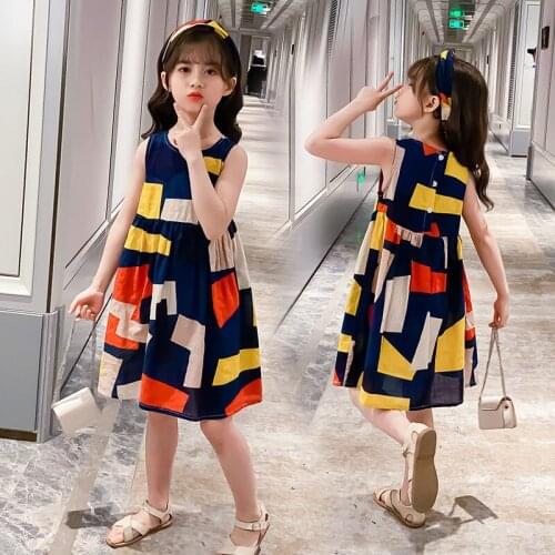 Children Dress Summer Kids Cotton Dresses for Girls Print Sleeveless Beach Teenager Dress Vintage Clothes 6 8 9 10 12 13Years