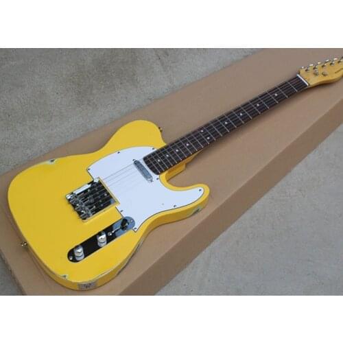 Factory custom retro yellow body TL electric guitar with 2 pickups,chrome hardware,white pickguard,can be customized