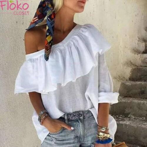 Flokocloset Sexy One Shoulder Short Sleeve T-Shirts Casual Cotton Linen Ruffles Women Tops 2021