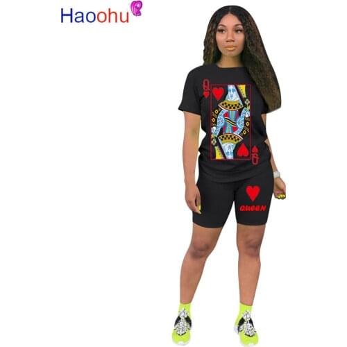 HAOOHU Women Set Two Pieces Set Tracksuit Black Queen Poker Card Tee Tops Knee Length Jogger Sweatpant Suit Outfit Matching Set