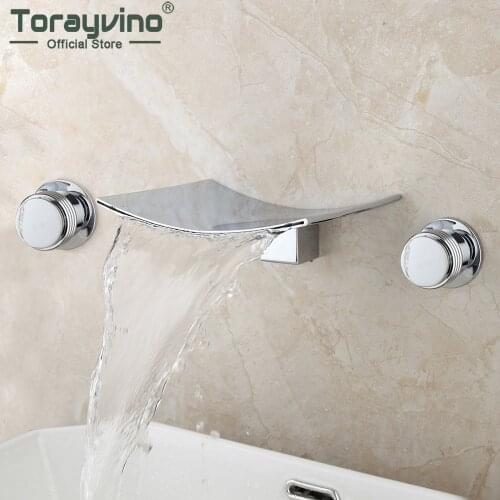 Torayvino Chrome Polished Bathroom Faucet Waterfall Mount Dual Handles 3 Pcs Bathtub Faucets Wall Mount Hot And Cold Water Tap