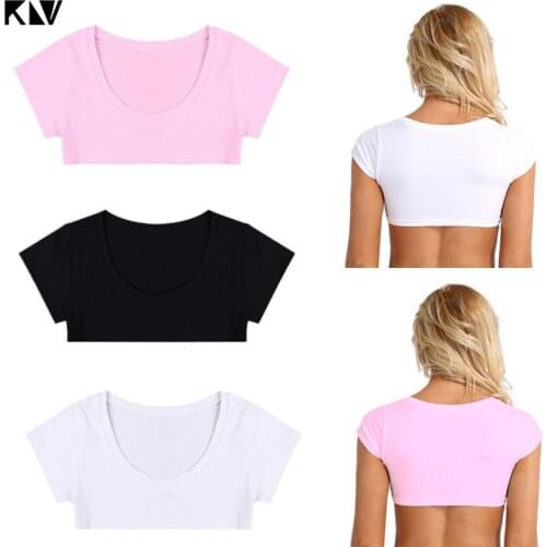 KLV Women Erotic Mini Crop Top Lingerie Short Sleeve Round Neck T-Shirt Solid Color Lolita Anime Costume Pullover Blouse T-Shirt