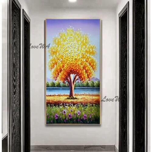 Beautiful Abstract Oil Painting Of Golden Tree By The Lake Modern Large Lliving Room Wall Picture Home Decoration Wall Canvas