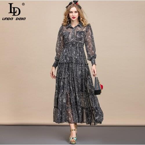 LD LINDA DELLA Summer Fashion Runway Mxi Dresses Women Shirt Collar Elastic waist Snake Printed Silk Vintage Long Party Dress