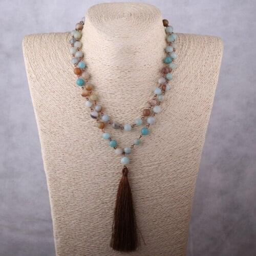 MOODPC Fashion Amazonite Stones Rosary Chain Long Tassel Necklace Handmade Women Natural Stone Bead Necklace