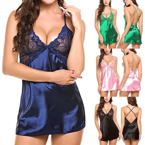 Womens Nightie Sexy Lingerie Nightgown V Neck Nightwear Satin Lounge Sexy Underwear Nightdress Lace Chemise Mini Sleep Dress