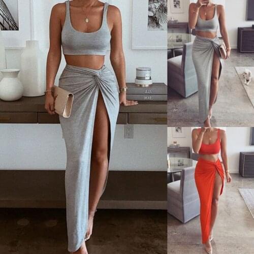 New Asia Sexy Party 2 Piece Set Women 2021 Plus Size Crop Top Twist Side Split Long Skirts Matching Sets Club Two Piece Outfits