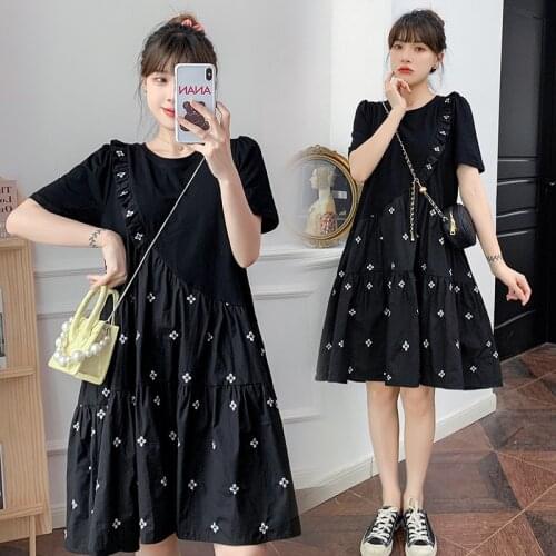 New Maternity Summer Fashion Knitted Splicing Cotton Dress Plus Size Foral Embroidery A-line Dress Pregnant Woman Casual Dress