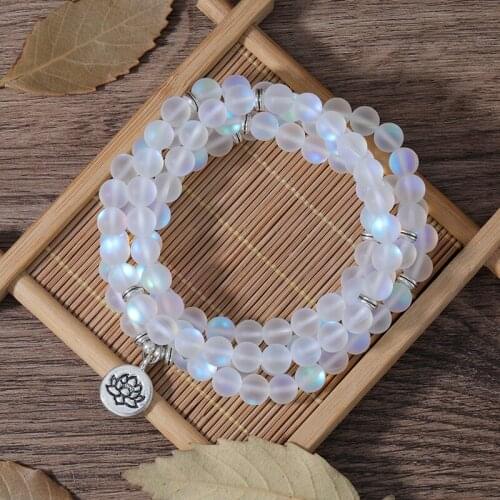 OAIITE 108 Beads Mala Bracelets Moonstone Natural Gemstone Bracelet Unisex Pray Bangle Lucky Wrist Jewelry Gift for Women Men