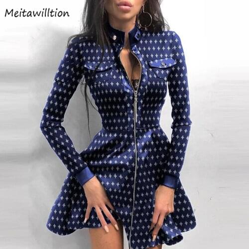 2020 Autumn Winter Women Pu Leather Dresses Casaul Stand Collar Long Sleeves Mini Dress Sexy Print Zipper Lady Slim Dresses