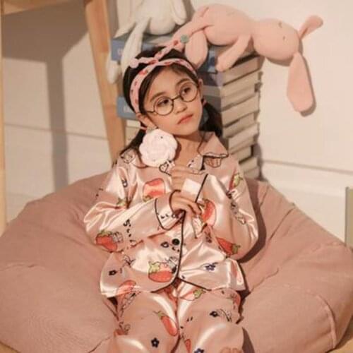 Casual Spring Autumn Children Satin Pajamas Set Kids Girls Solid Silk Long Sleeve 2 Pieces Tops+Pants Sleepwear Pyjama For Child