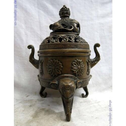 8" China brass copper decorative pattern elephant censer Incense Burner Statue