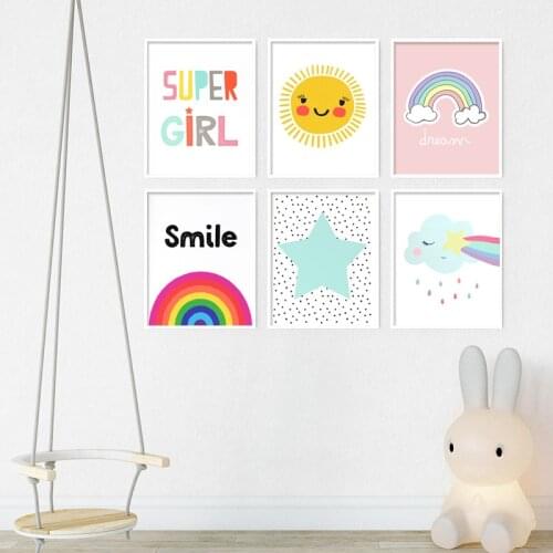 Nursery Print Cute Cartoon Canvas Poster Sunshine Smile Rainbow Raining Cloud Nursery Wall Art Print Painting Home Decor