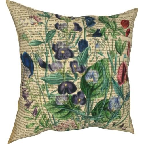 Botanical Print On Old Book Page Garden Flowers Pillowcase Printed Polyester Cushion Cover Decorations Pillow Case Cover Sofa