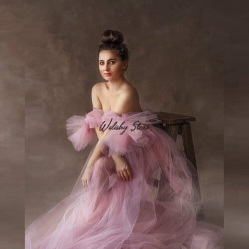 Pretty Sweet Pink See Thru Long Tulle Dress Sexy Strapless Puffy Ruffled Mesh Dresses For Photo Shoot Maternity Women Dress