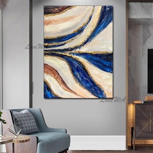 Modern Abstract 100% Handpainted Painting With Gold And Blue Textures On Canvas Strong Contrast Home Decoration No Framed