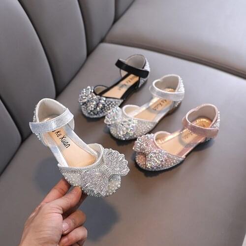New Girls Princess Shoe Spring Pearl Rhinestone Girl Elegant Bow Childrens Shoes Fashion Summer Party Kids Sandals E855