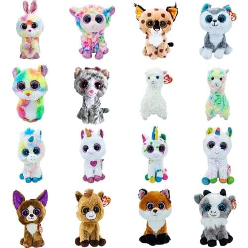 Ty Beanie Big Eyes Plush Animal Stuffed Toy Fox Rabbit Dog Owl Unicorn Doll Holiday Boy Girl Birthday Christmas Gift 15 cm