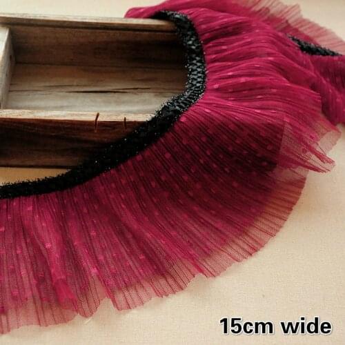 Trend Wine Red Mesh Pleated Applique Ribbon Lace Fabric DIY Ladies Children Clothes Skirt Costumes Sewing Costura Шитье Кружево