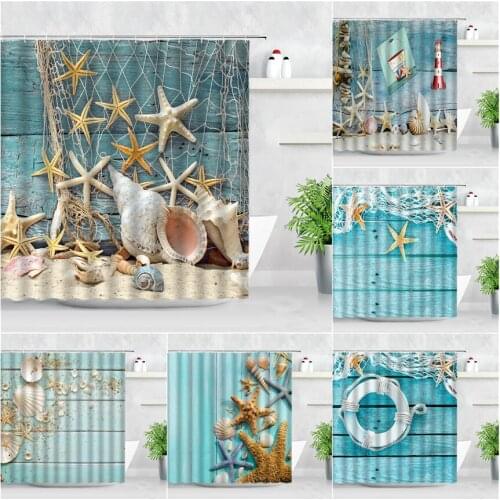 Blue Retro Wood Grain Board Shower Curtains Conch Starfish Beach Mediterranean Style Decor Waterproof Cloth Bathroom Curtain Set