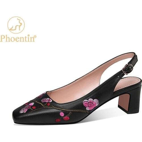 Phoentin Ethnic style flower embroidered slingback shoes 2021 Spring Summer Womens Genuine Leather high Heels Pumps FT1447