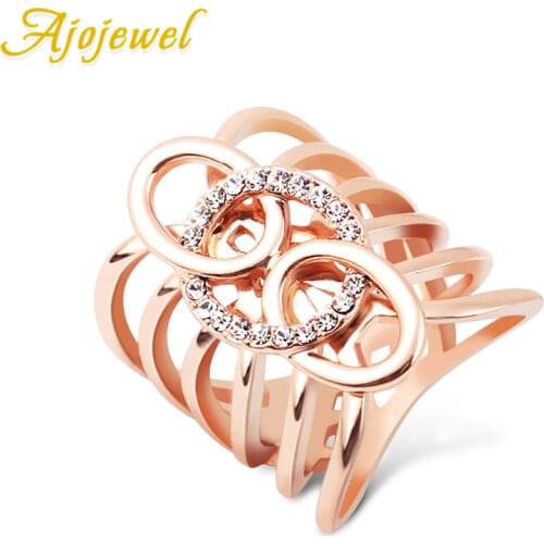 Ajojewel Fashion Wide Ring Women Girls Lovers Rose-Gold-Color Top Quality Crystal Geometric Oval Jewelry